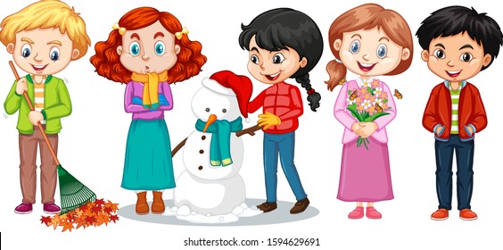 Boys and girls in winter clothes illustration