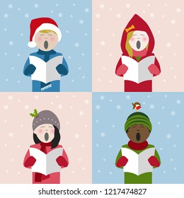 Boys And Girls In Winter Clothes Singing Christmas Carols From A Song Sheet
