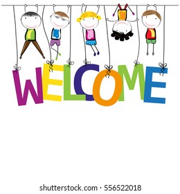 Boys and girls with the word welcome