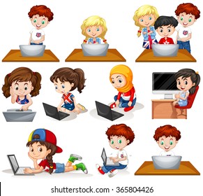 Boys and girls working on computer illustration