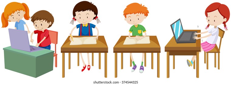 Boys and girls working on their desk illustration
