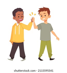 Boys give each other high five as symbol of friendship, flat vector illustration isolated on white background. Concept of diversity and international unity. Cute children cartoon characters.