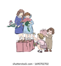 Boys give gift and flowers to girls. Group of people of kindergarten and school age. Flat figures children for print greeting cards for birthday or international women's day. 