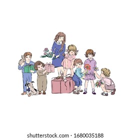 Boys give gifts, rabbit and flowers to birthday girl standing on the present box pink color. Happy friends or classmates. Kids different ages and dog.
