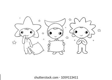 Boys gnome in the costumes of the moon, the sun and the star. Cute cartoon elf. Good night. Time to sleep. Children's play.