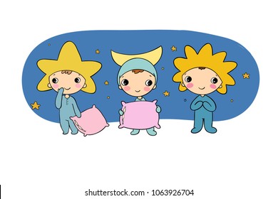 Boys gnome in the costumes of the moon, the sun and the star. Cute cartoon elf. Good night. Time to sleep. Children's play.