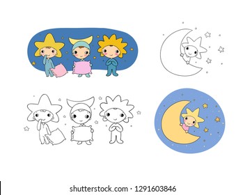 Boys gnome in the costumes of the moon, the sun and the star. Cute cartoon elf. Good night. Time to sleep. Children's play. 