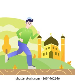 Boys go to Mosque flat illustration with gradient color background vector