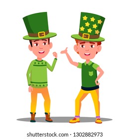 Boys In Green Suits At St Patrick Day In Ireland Vector. Isolated Illustration