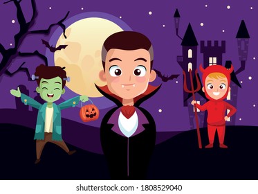 boys with halloween costumes in front of house at night design, Holiday and scary theme Vector illustration