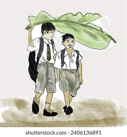 Boys happily walking together back from school under the rain. They sharing banana leave for cover from rain.