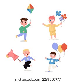 Boys happy children set with balloons, horse, flowers and kite in flat style