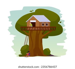 Boys have fun, read book on tree house with white roof. Wooden lodge among the foliage with ladder. Vector isolated game treeshed summer camp. Children playground for outdoors adventure and activities