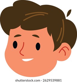 A boy's head is depicted in a simplified cartoon manner with dark hair and a cheerful expression.  The young person's face shows joy and a pleasant in this playful image. Cartoon vector illustration
