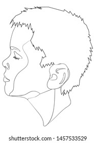 A boy's head drawn in black lines as an outline on a white background. Portrait of a boy in profile.