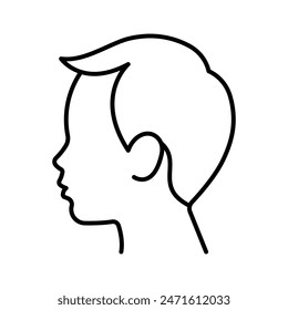 Kopf des Jungen, Linie-Symbol. Little Boy Portrait, Seitenansicht - Gesicht Silhouette, Haar, Ohr, Hals, Nase. Netter junger Mann. Einfaches Stilsymbol. Bearbeitbare Striche