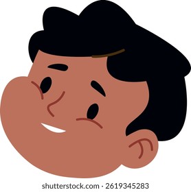 A boy's head is shown in a simple cartoon style with bold outlines.  The cheerful young person's expression is depicted with minimal detail. Cartoon vector illustration