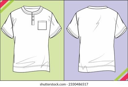 BOYS HENLEY NECK, SHORT SLEEVE, POCKET, REGULAR SKETCH FASHION TEMPLATE TECHNICAL ILLUSTRATION
