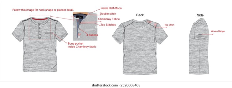Boys Henley shirt, with button, panel at back shoulder, woven bedags at sleeve.