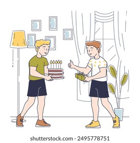 Boys holding cake. Friends at home at party celebrating birthday. Children with dessert and delicacy. Guys with cake with candles. Linear vector illustration isolated on white background