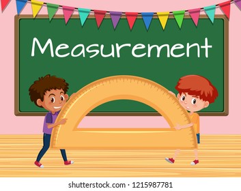 Niños que sostienen un protractor en la ilustración de fondo en el aula