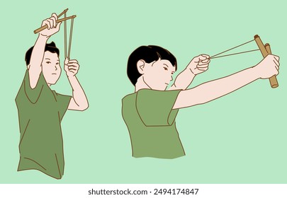 
boys holding slingshot with stone