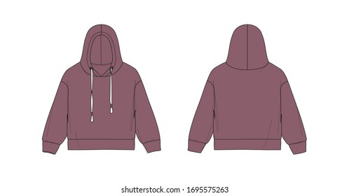 Boy's hoodie design with drawstring, flat sketch, front and back views