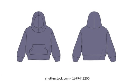 Boy's hoodie design with front kangaroo pocket, flat sketch, front and back views