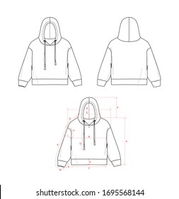 Boy's hoodie with drawstring, flat sketch, front and back views, with measurements