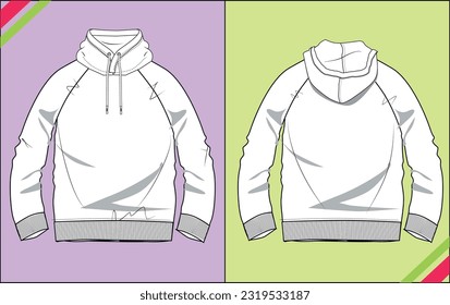 BOYS HOODIE RAGLAN LONG SLEEVE FLAT SKETCH FASHION TEMPLATE TECHNICAL ILLUSTRATION