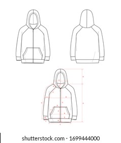 Boy's hoodie and zipper   kangaroo pocket  flat sketch  front   back views  and measurements