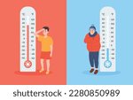 Boys and huge thermometers flat style, vector illustration isolated on red and blue background. Hot and cold weather, different temperatures, winter and summer seasons