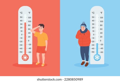 Niños y termómetros enormes de estilo plano, ilustración vectorial aislada en fondo rojo y azul. Clima frío y caliente, temperaturas diferentes, invierno y verano