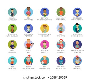 Boys icons set. Twenty two multicolored flat icons