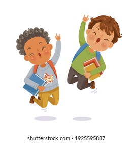 boys jumping. boy and friends. Student jumping and gesturing happiness.