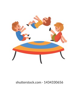 Boys Jumping on Trampoline, Happy Trampolining Kids Playing and Having Fun Cartoon Vector Illustration