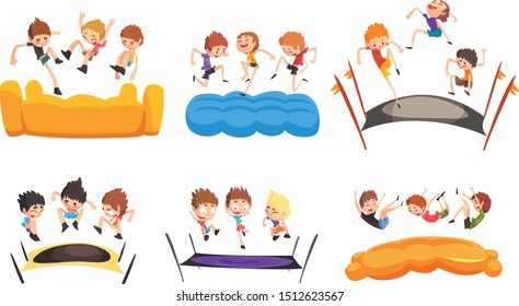 Boys jumping on trampoline, happy bouncing kids having fun on trampoline vector Illustration on a white background