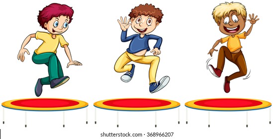 Boys jumping on the trampolines illustration