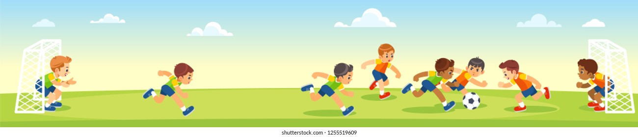 Boys Kicking Football On The Sports Field. Vector Cartoon Flat Illumination