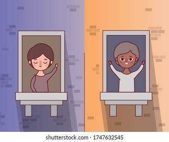 boys kids cartoons at windows design, architecture stay at home and house theme Vector illustration