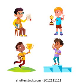 Boys Kids Celebrate Victory With Award Set Vector. Children Winners Standing On Pedestal With Medal And Holding Cup Won In Soccer Competition, Diploma And Award. Characters Flat Cartoon Illustrations