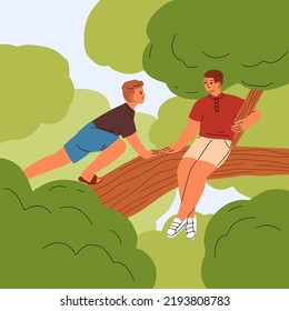 Boys Kids Climbing Tree, Sitting On Branch. Teenagers Friends Having Fun Outdoors On Summer Holiday. Happy Teen Children Brothers Playing In Nature On Summertime Vacation. Flat Vector Illustration