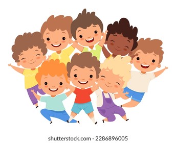 Boys kids group. Joyful ethnic hugging male children, cute friends characters portrait, cartoon happy kid together activities