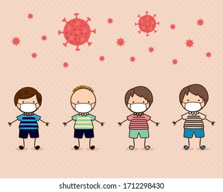 Boys kids with masks against 2019 ncov virus design of Covid 19 cov infection disease symptoms and medical theme Vector illustration