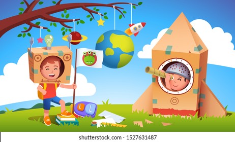 Boys kids playing alien earthling cosmonaut contact. Child astronaut in cardboard rocket discovered extraterrestrial. Creative children cartoon characters in self made costume flat vector illustration