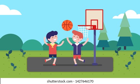 Boys kids playing basketball on court in summer park. Happy kids playing sport game together having fun. Children players cartoon characters. Sport, health & leisure. Flat vector illustration