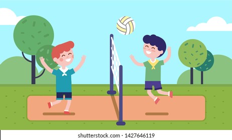 Boys kids playing volleyball on court with net in summer park. Happy children playing sport game together having fun. Players cartoon characters. Sport, health & leisure. Flat vector illustration