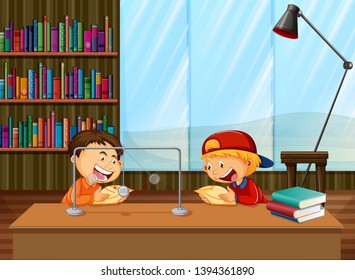 Boys learning in library illustration