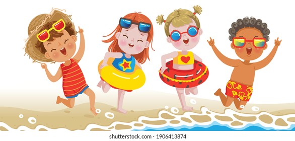 Boys and little girl playing on the beach on summer holidays. Happy kids on vacations at seaside running in the waves and sand. Children on the sandy seasand and blue sky. 