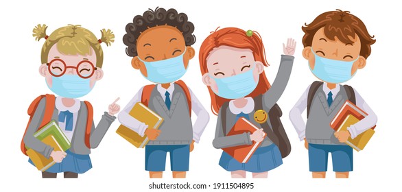 Boys and little girls uniform group. wearing a protective medical mask. Elementary school students in class. Back to school for new normal concept. Related to COVID 19. cartoon vector. 